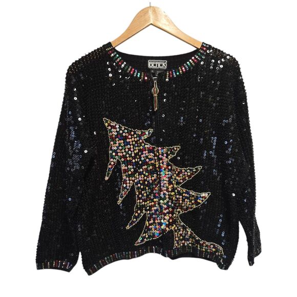 Vintage BERER Takako Sakon Black Full Sequin Christmas Tree Full Zip XL - Picture 2 of 8
